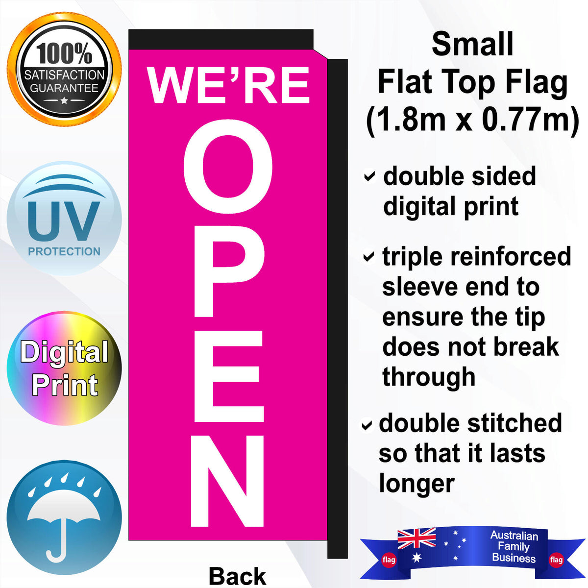 WE'RE OPEN Flat Top Flag - Rear