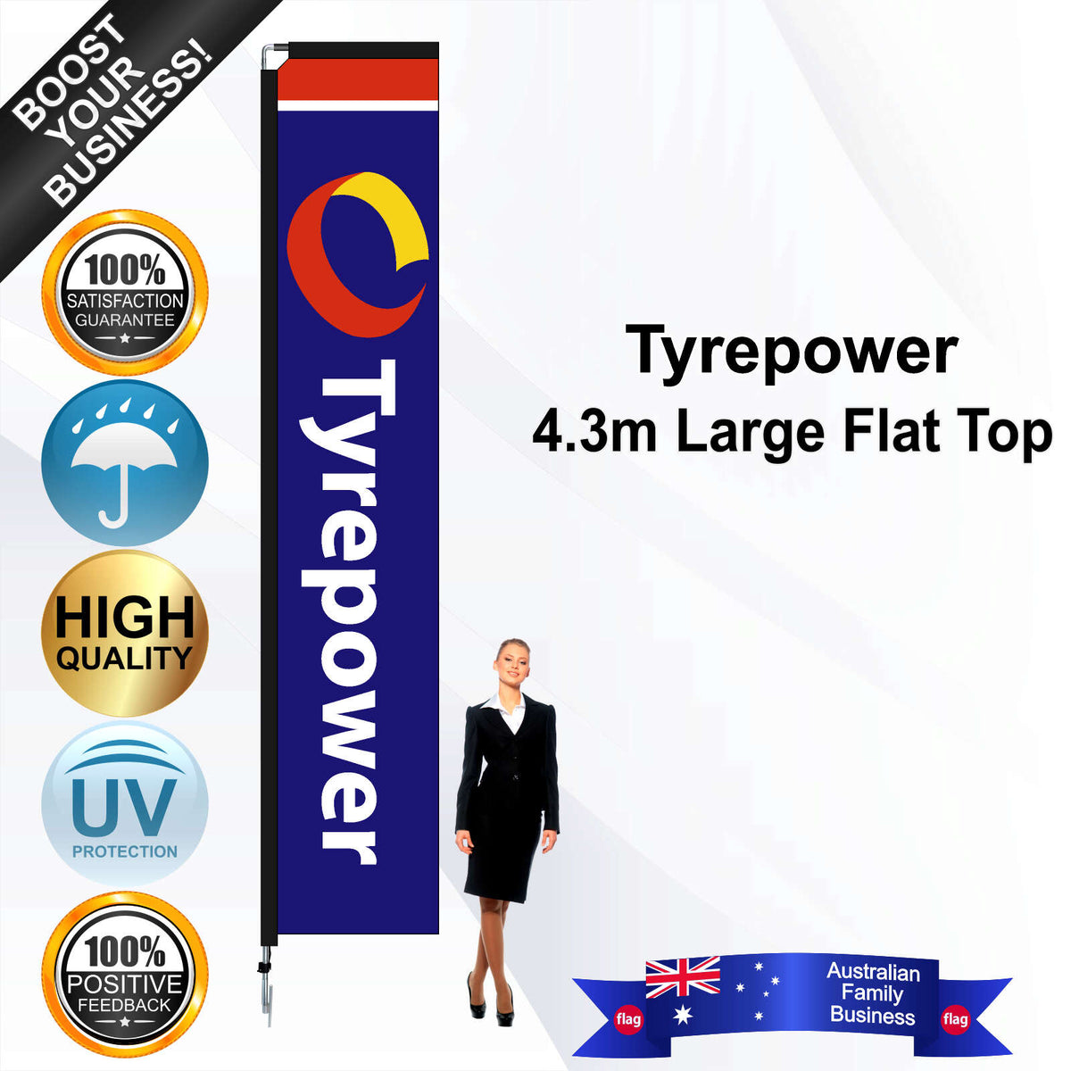 Tyrepower Blue 4.3m Large Flat Top Flag - Bundle