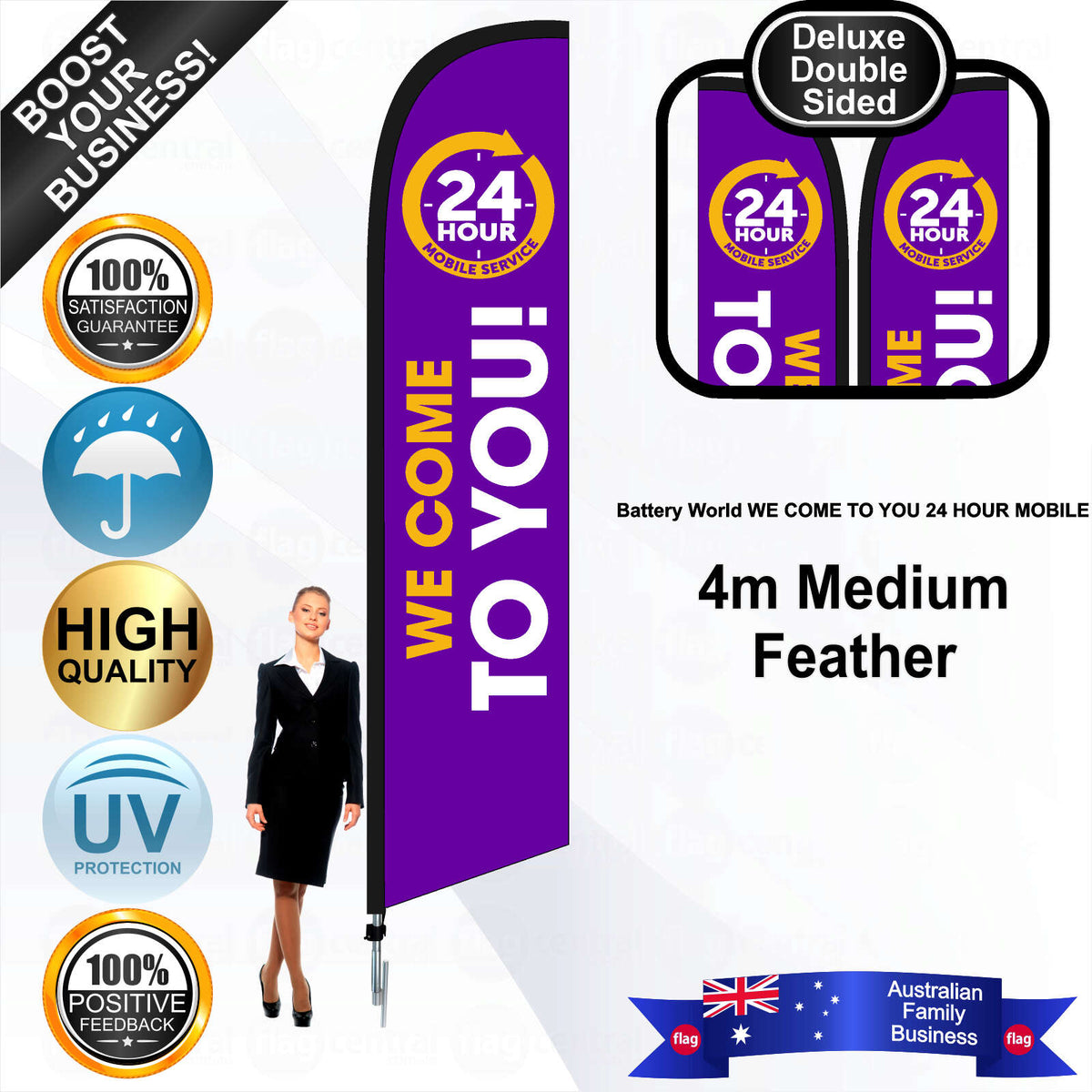 Battery World WE COME TO YOU 24 HOUR MOBILE Feather Flag - Bundle