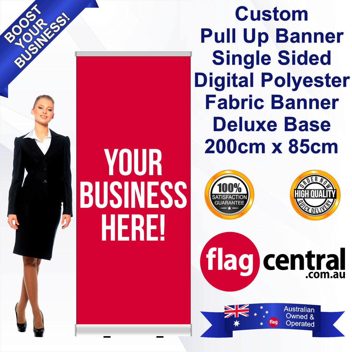 Pull Up Banner - Custom Single Sided Digital Polyester Banner + Deluxe Base - 200cm x 85cm