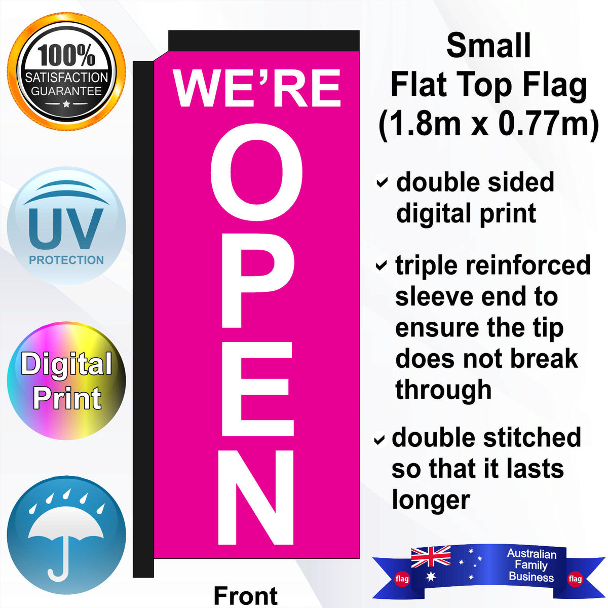 WE'RE OPEN Flat Top Flag - Front