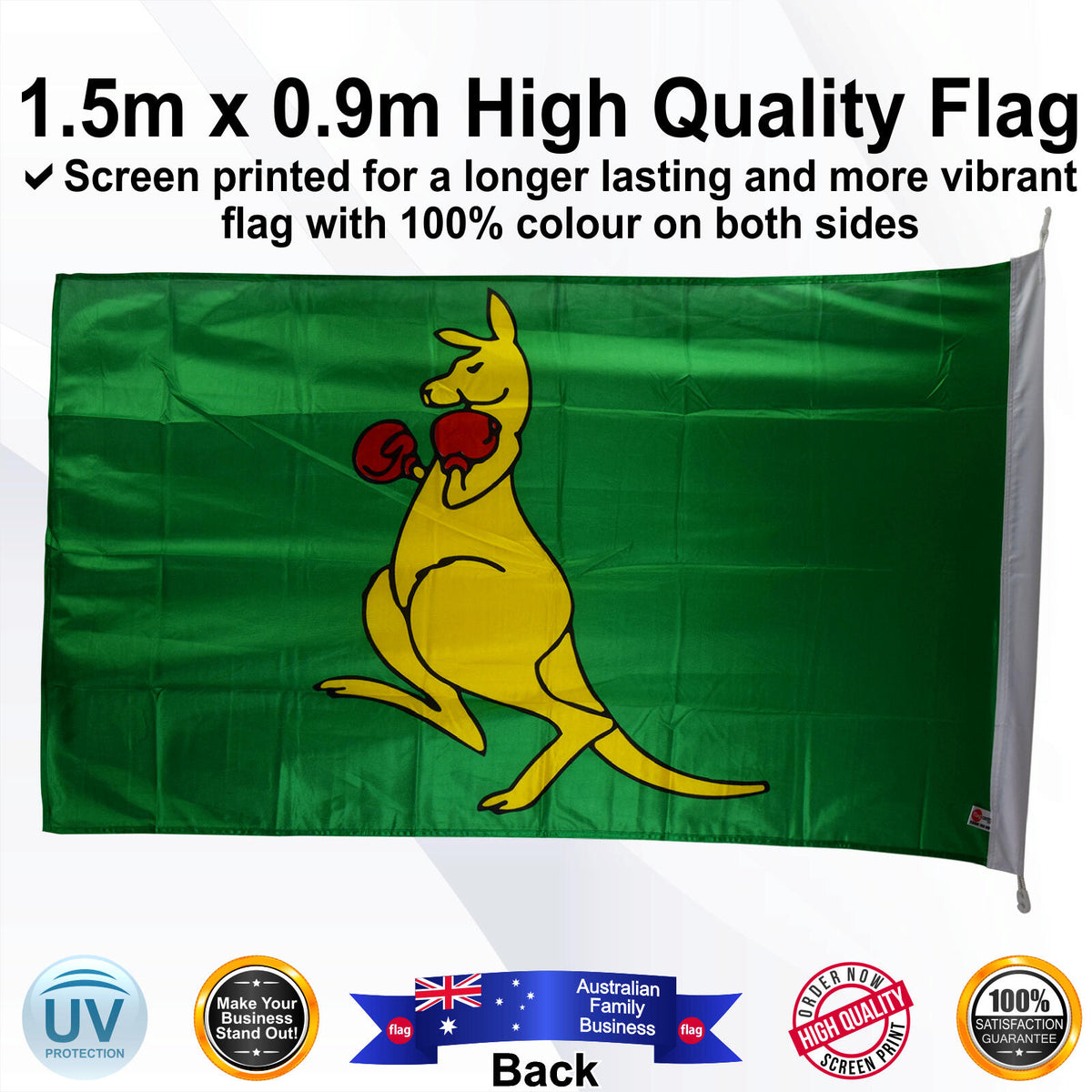 BOXING KANGAROO Green 1.5m x 0.9m Small Rectangle Flag - Rear