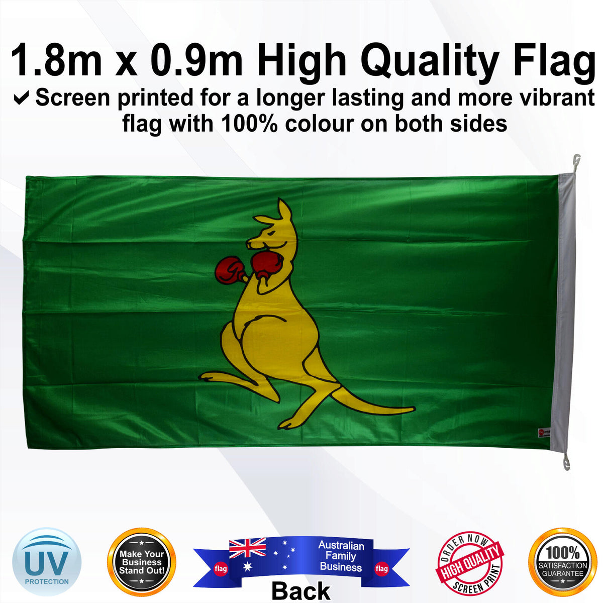 BOXING KANGAROO Green 1.8m x 0.9m Medium Rectangle Flag - Rear