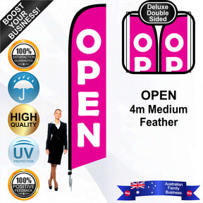 OPEN Pink Deluxe 4m Medium Feather Flag - Bundle