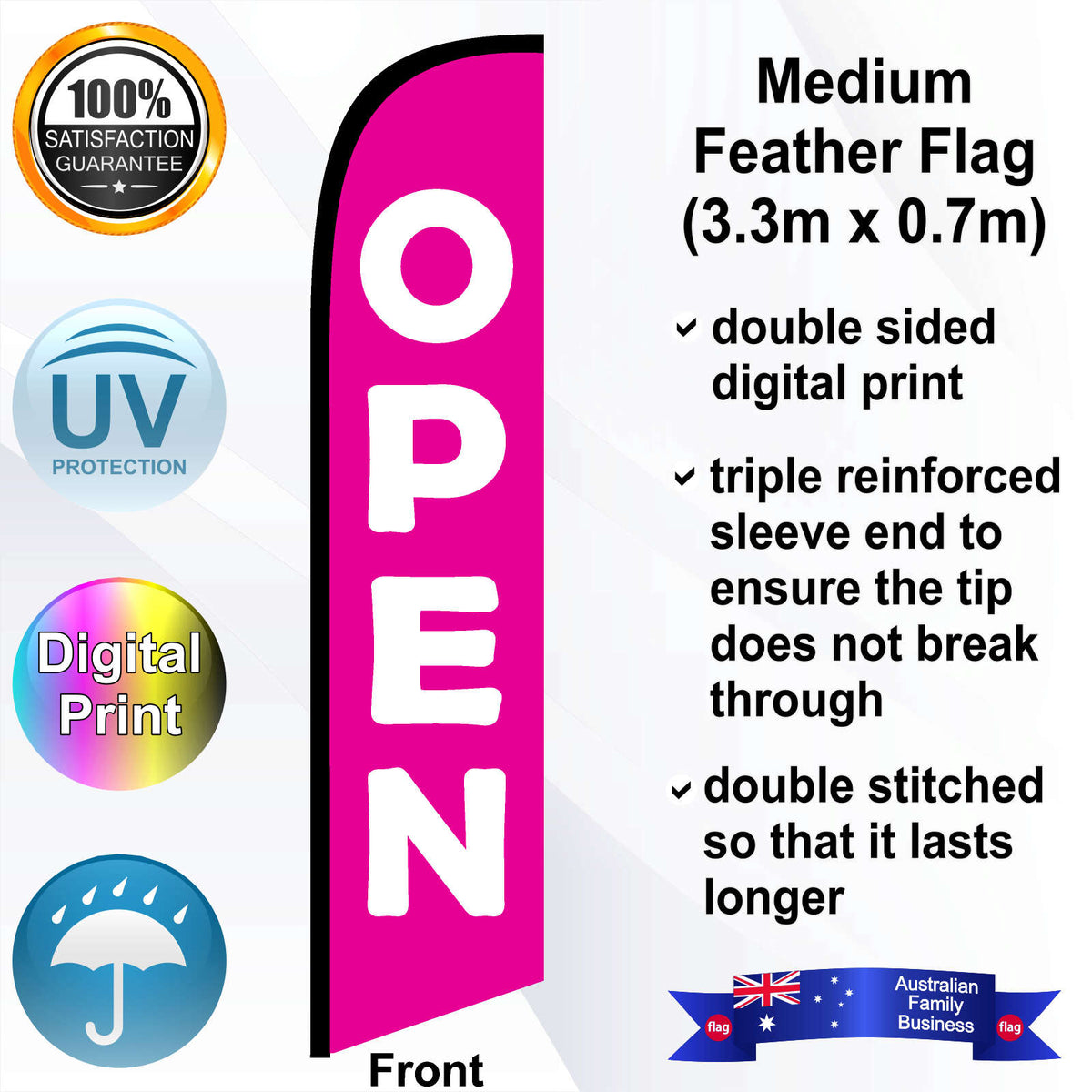OPEN Pink Deluxe 4m Medium Feather Flag - Front