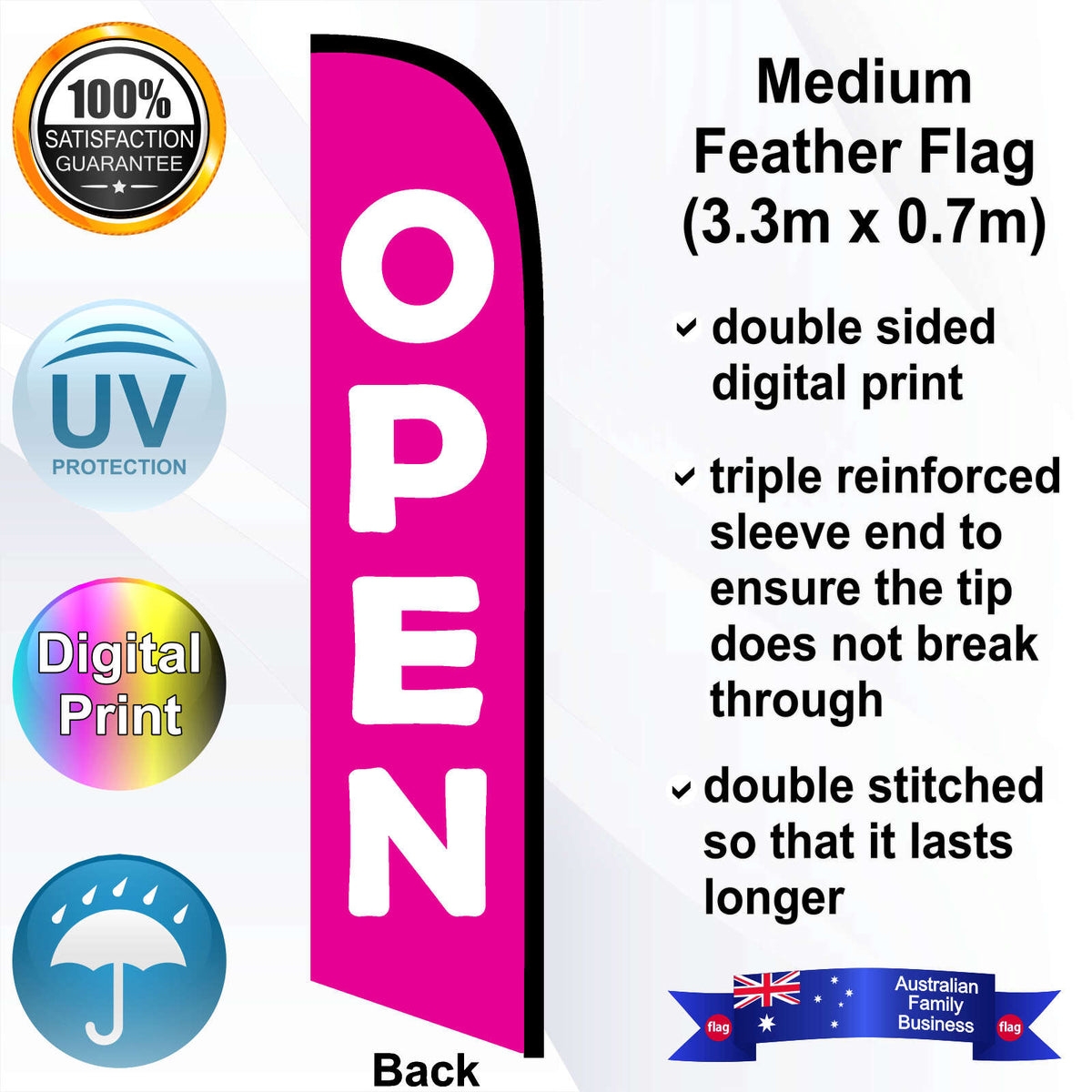 OPEN Pink Deluxe 4m Medium Feather Flag - Rear