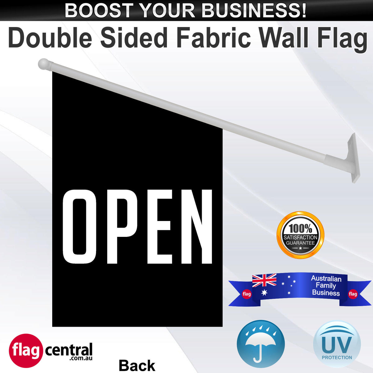 OPEN Black Deluxe Fabric Wall Flag - Rear